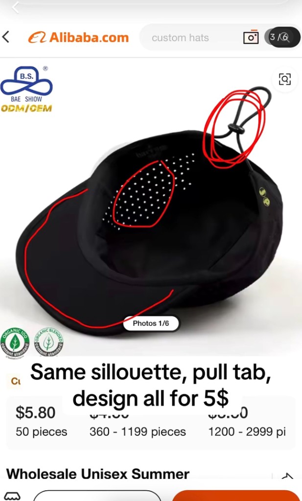 Alibaba listing screenshot for a hat resembling the ManasluClo hat
