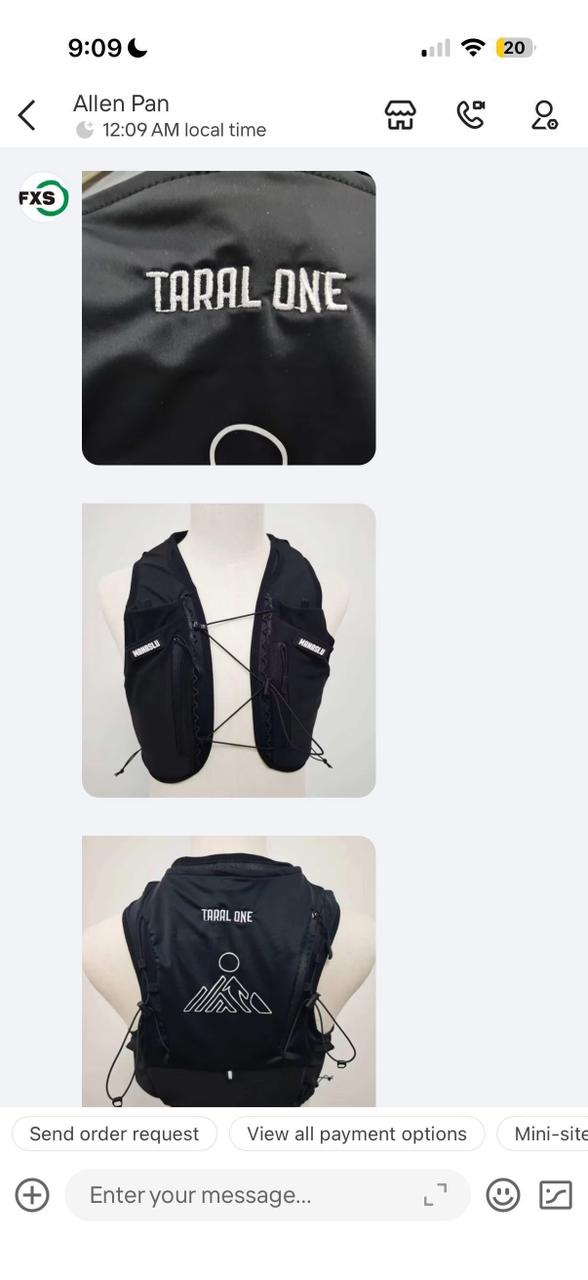 Alibaba chat showing Taral One ManasluClo vest images