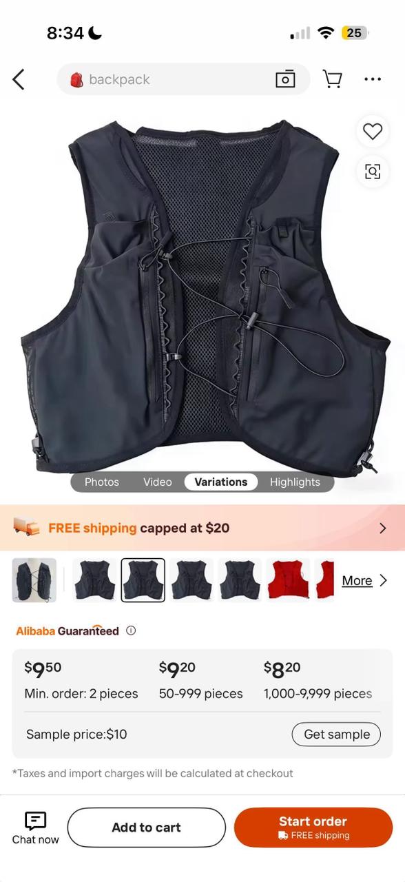 Alibaba running vest listing showing similar black running vest around 9 dollars