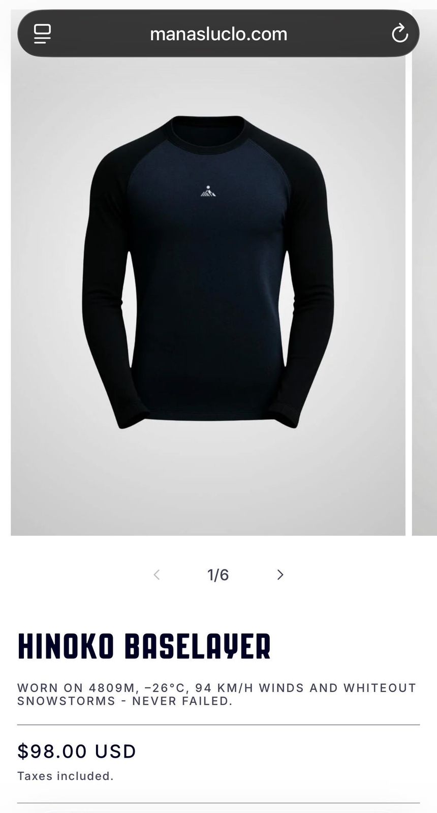 ManasluClo Hinoko baselayer product page showing 98 dollar price