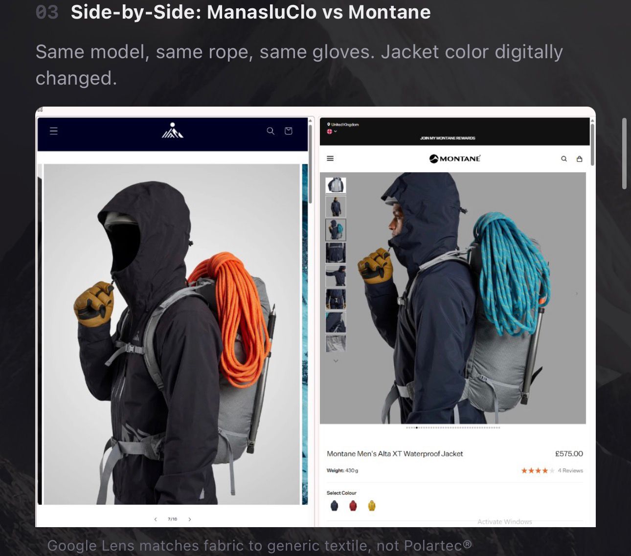 Side-by-side comparison of ManasluClo and Montane product photo showing same model and pose
