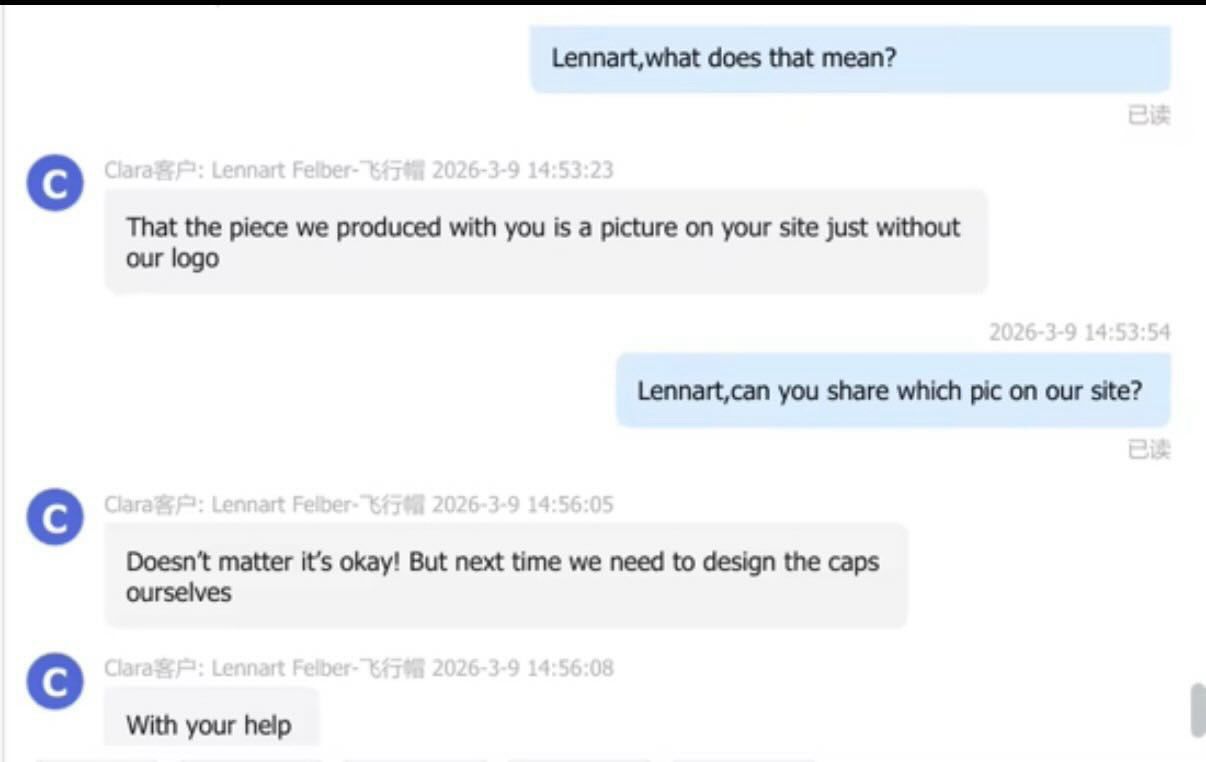 Supplier chat saying the piece produced is on the site without the supplier logo and next time caps need to be designed themselves