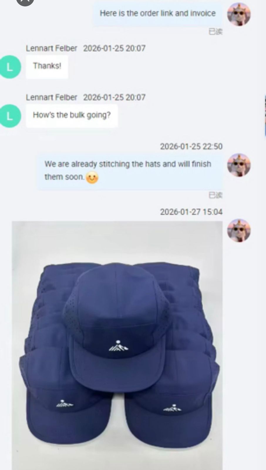 Supplier chat saying they are stitching the hats and showing Manaslu-branded caps
