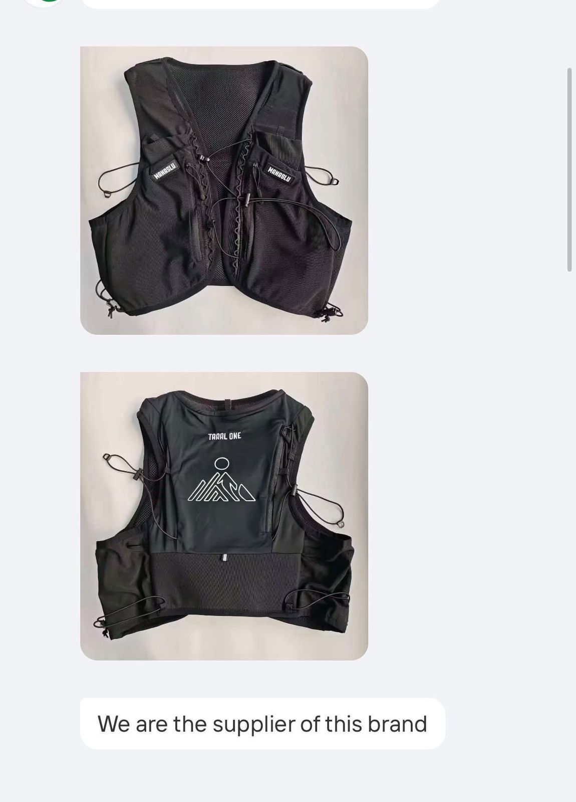 Supplier chat showing ManasluClo Taral One vest and saying we are the supplier of this brand